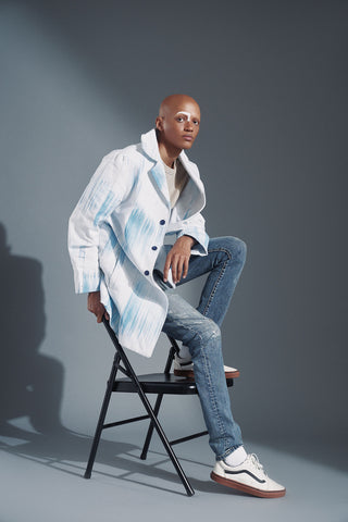 White and Blue Fugu Trench Coat