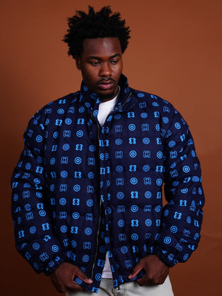 Hand Screen-Print Puffer Jacket in Blue