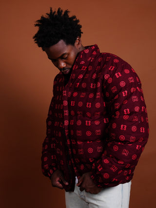 Hand Screen-Print Puffer Jacket in Maroon