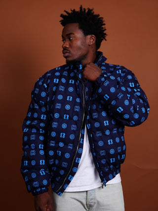 Hand Screen-Print Puffer Jacket in Blue