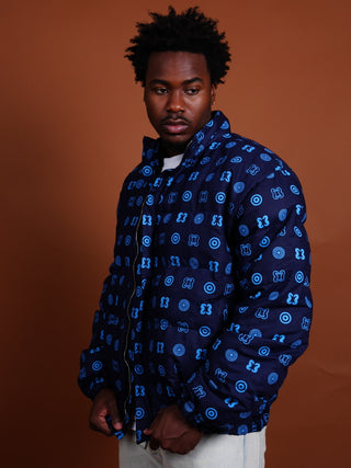 Hand Screen-Print Puffer Jacket in Blue