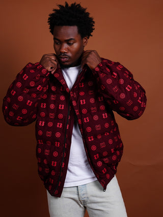 Hand Screen-Print Puffer Jacket in Maroon