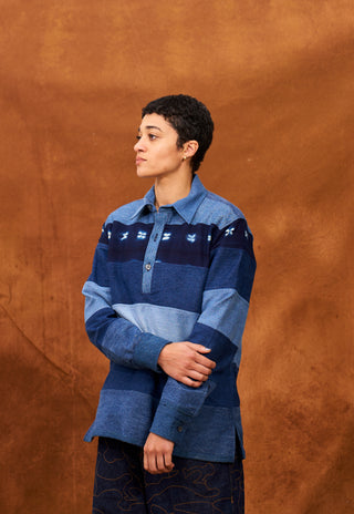 Upcycled Denim and Indigo Rugby Shirt
