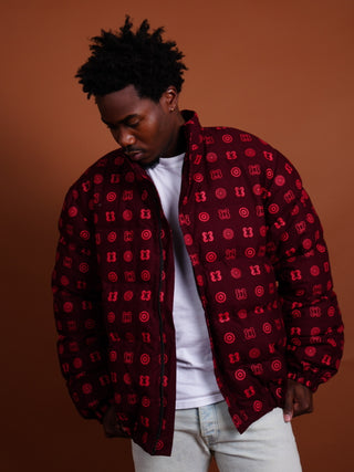 Hand Screen-Print Puffer Jacket in Maroon