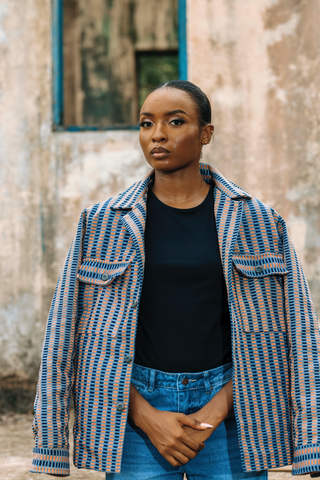 Fugu Double Weave Overshirt in Navy/Peach