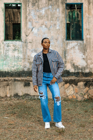 Fugu Double Weave Overshirt in Navy/Peach