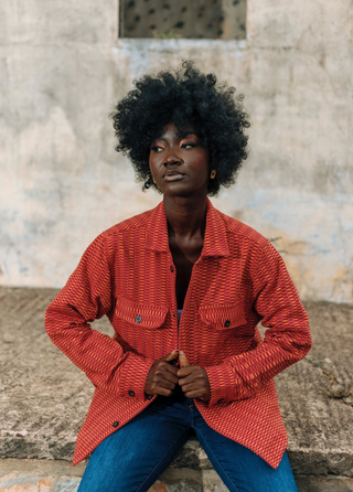 Fugu Double Weave Overshirt in Maroon/Peach