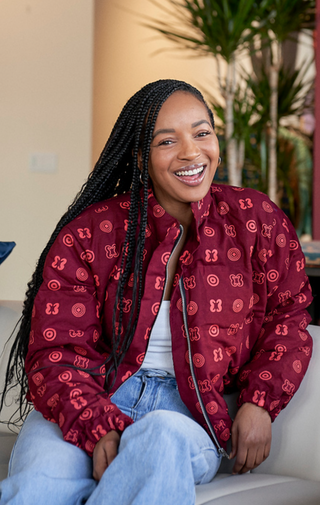 Hand Screen-Print Puffer Jacket in Maroon Cropped