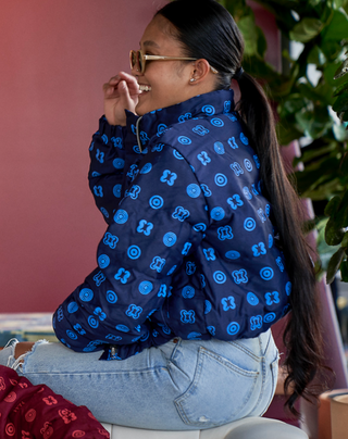 Hand Screen-Print Puffer Jacket in Blue Cropped