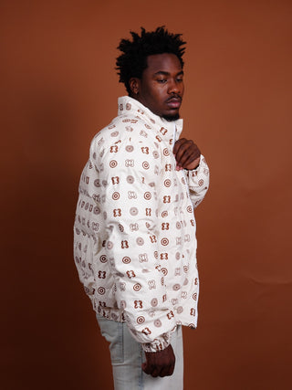Hand Screen-Print Puffer Jacket in White