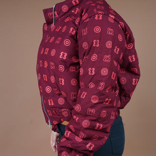 Hand Screen-Print Puffer Jacket in Maroon Cropped