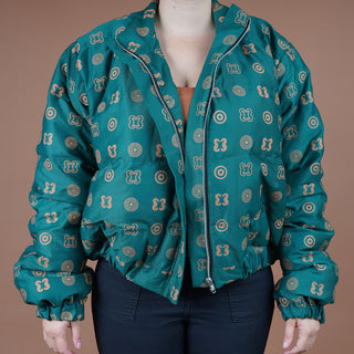 Hand Screen-Print Puffer Jacket in Green Cropped