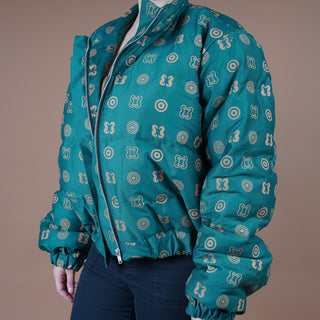 Hand Screen-Print Puffer Jacket in Green Cropped