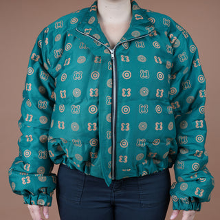 Hand Screen-Print Puffer Jacket in Green Cropped