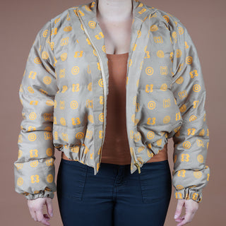 Hand Screen-Print Puffer Jacket in Tan Cropped