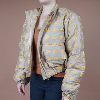 Hand Screen-Print Puffer Jacket in Tan Cropped