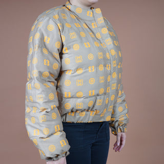 Hand Screen-Print Puffer Jacket in Tan Cropped