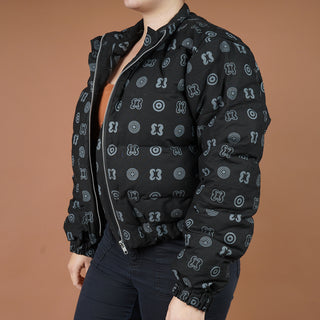 Hand Screen-Print Puffer Jacket in Black Cropped