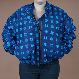 Hand Screen-Print Puffer Jacket in Blue Cropped