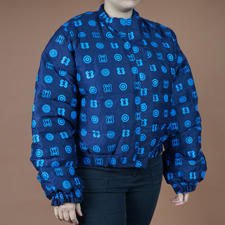 Hand Screen-Print Puffer Jacket in Blue Cropped