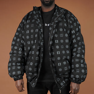 Hand Screen-Print Puffer Jacket in Black