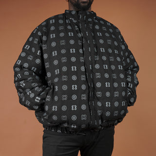 Hand Screen-Print Puffer Jacket in Black