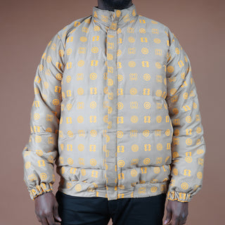 Hand Screen-Print Puffer Jacket in Tan