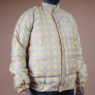 Hand Screen-Print Puffer Jacket in Tan