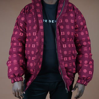 Hand Screen-Print Puffer Jacket in Maroon