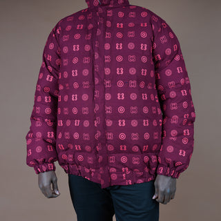 Hand Screen-Print Puffer Jacket in Maroon