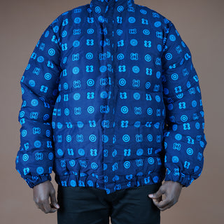 Hand Screen-Print Puffer Jacket in Blue