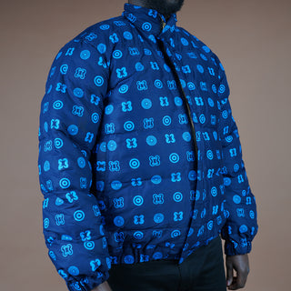 Hand Screen-Print Puffer Jacket in Blue