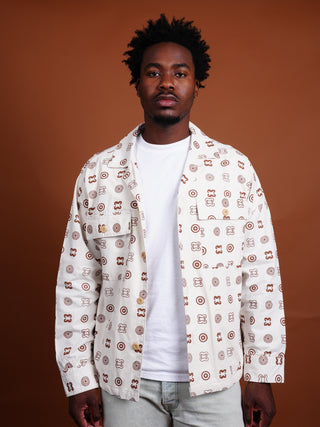 Hand Screen-Print Overshirt in White/Tan