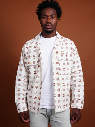 Hand Screen-Print Overshirt in White/Tan