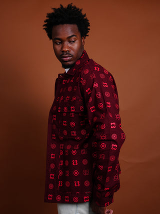 Hand Screen-Print Overshirt in Maroon