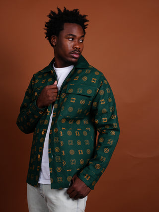 Hand Screen-Print Overshirt in Pine Green